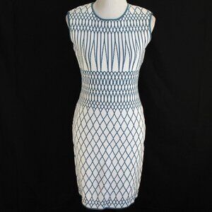 BCBG Maxazria Sweater Knit Dress Womens Sz M White Blue Print Sleeveless Sheath